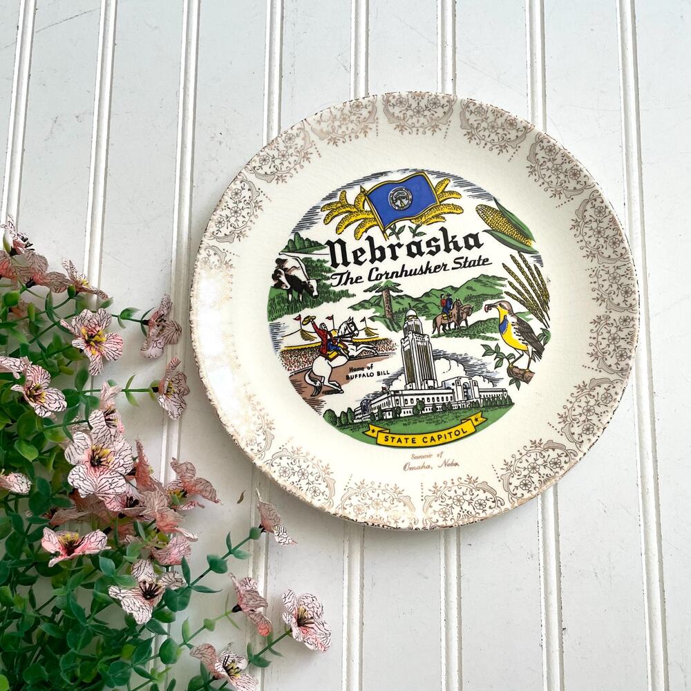 Vintage Souvenir State Plate Hometown Gallery Wall NEBRASKA Warranted 22K